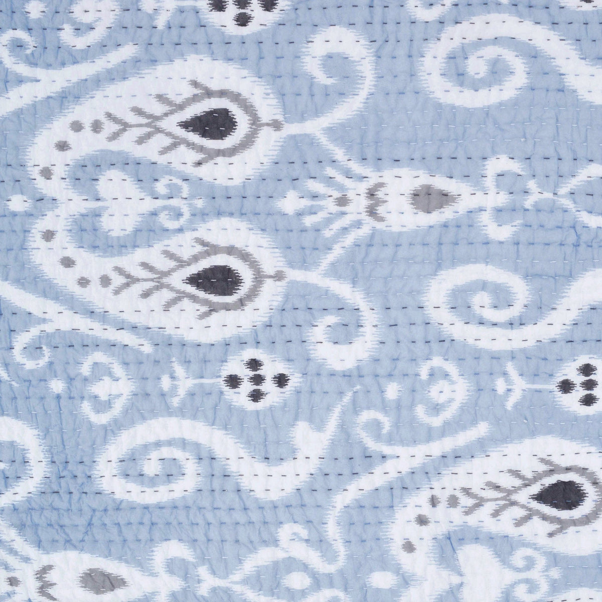 Blue Ikat Print Kantha Quilt | Chevron Pattern | Handmade | Single, Queen & King