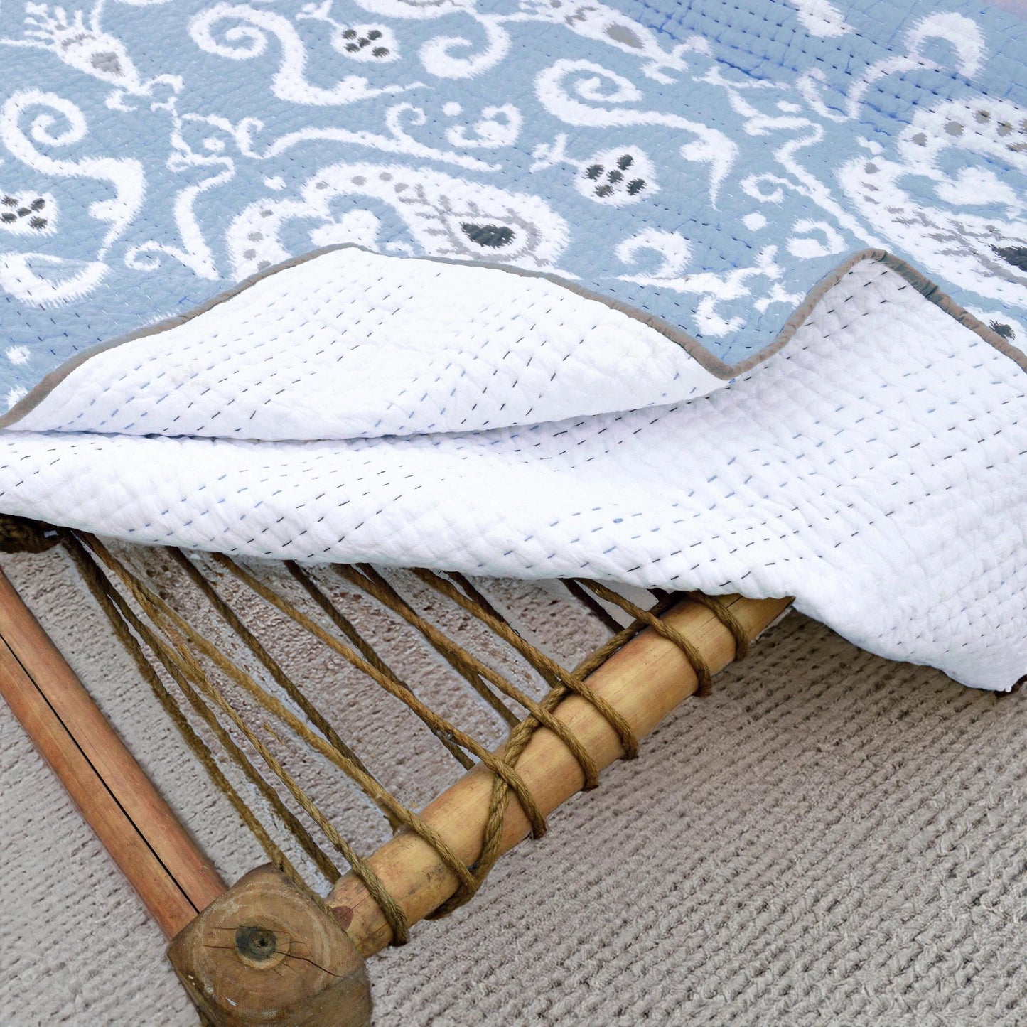 Blue Ikat Kantha Quilt with Stripe Pattern – Twin Queen King