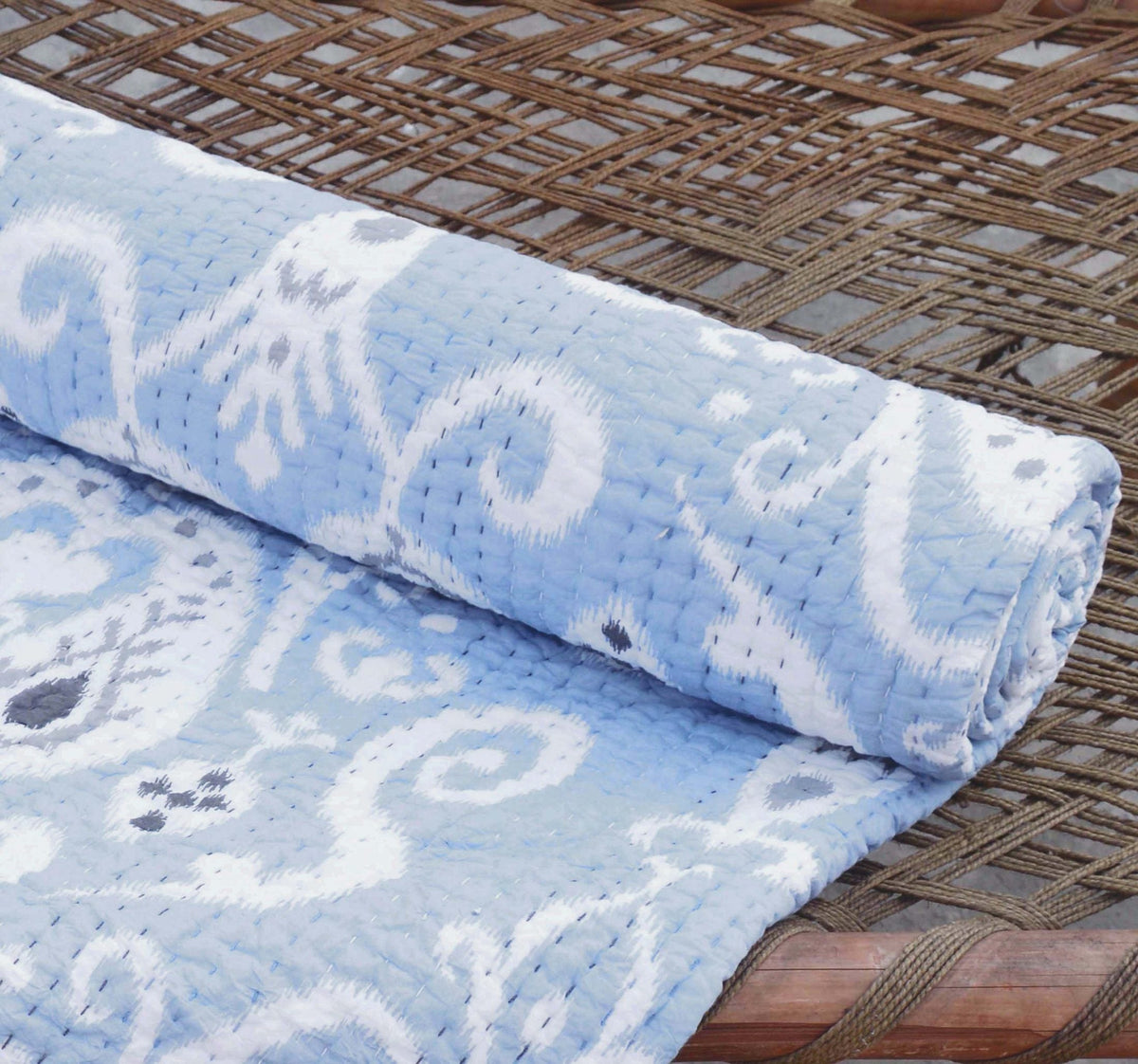 Blue Ikat Print Quilted Bed Set | Stripe Pattern Quilting | Twin, Queen & King