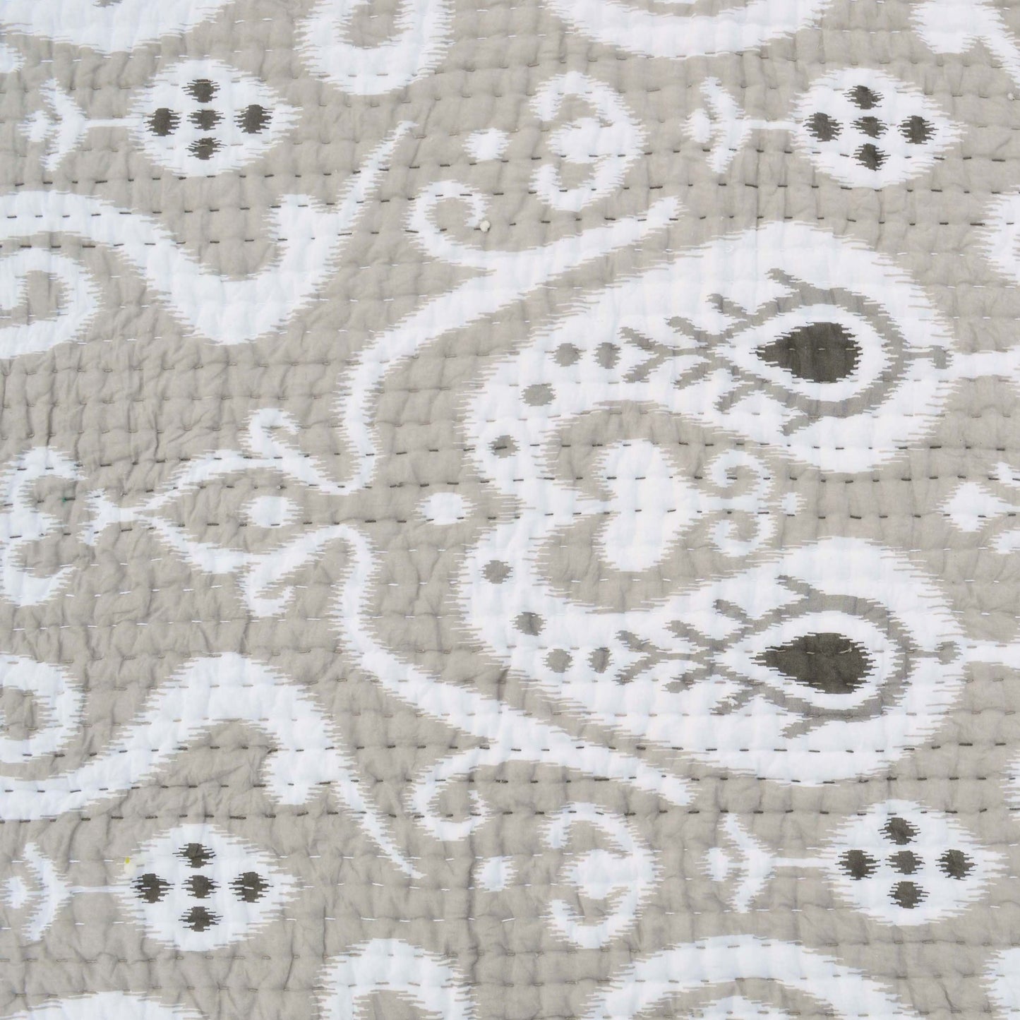 Grey Ikat Print Kantha Quilt Set with Stripe Pattern