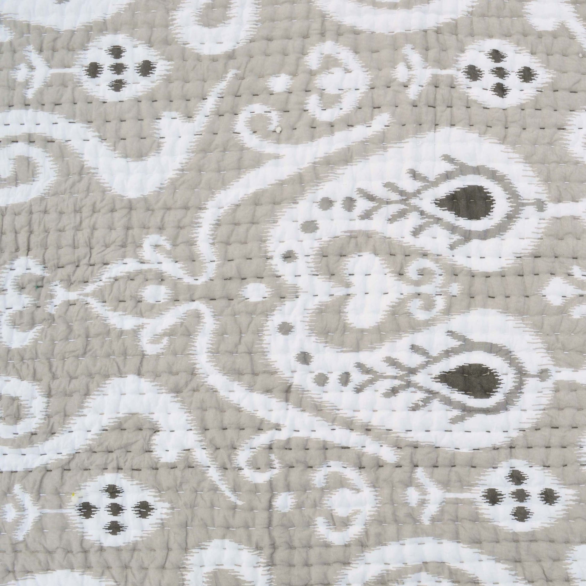 Grey Ikat Print Kantha Quilt Set with Stripe Pattern