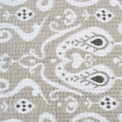 Grey Ikat Print Kantha Quilt Set with Stripe Pattern