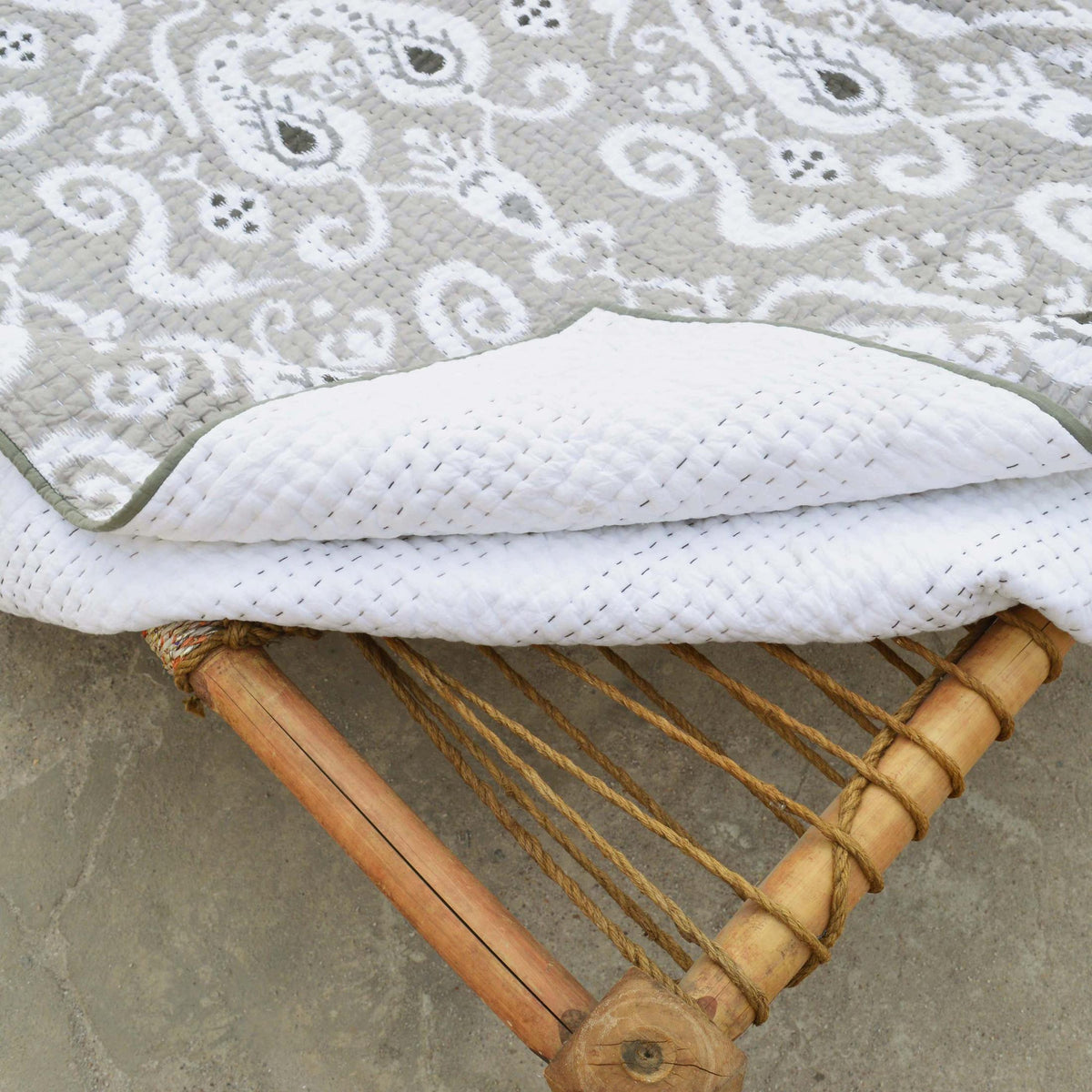 Grey Ikat Print Kantha Quilted Bed Set | Chevron Pattern | Handmade | Twin, Queen & King