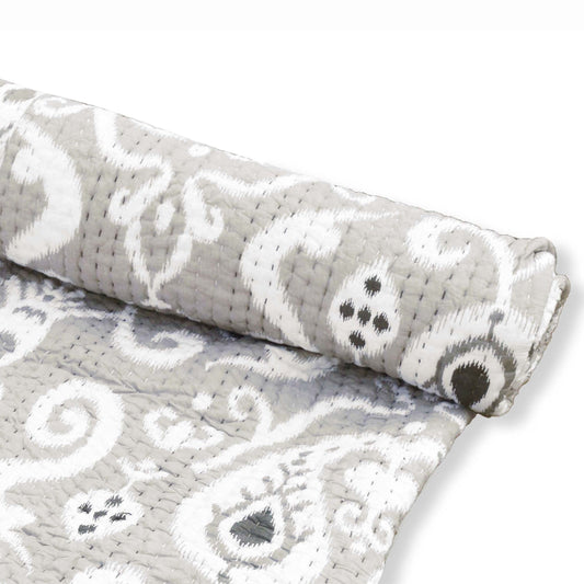 Grey Ikat Kantha Quilt with Stripe Pattern – Soft Cotton Bedspread