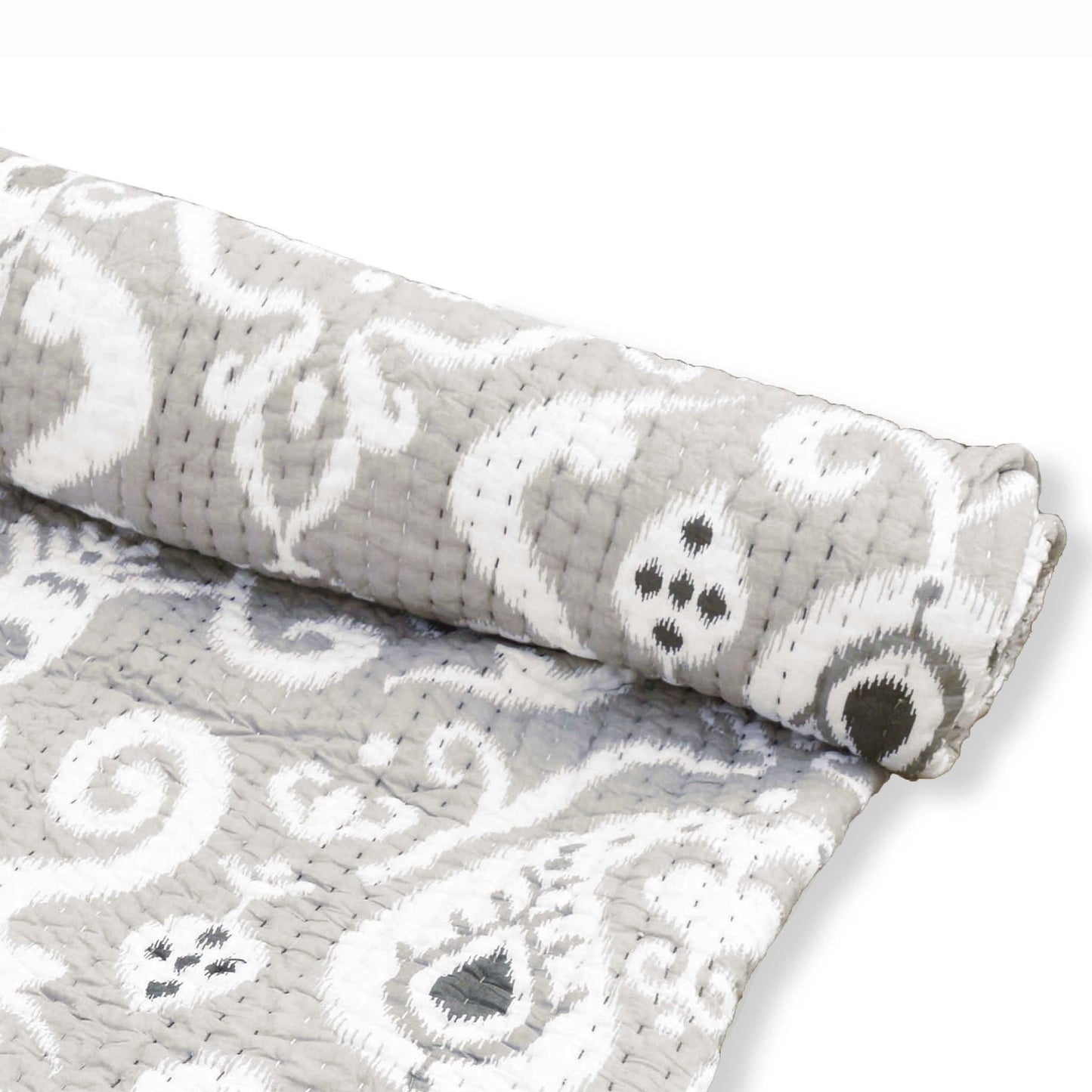Grey Ikat Print Kantha Quilt Set with Stripe Pattern