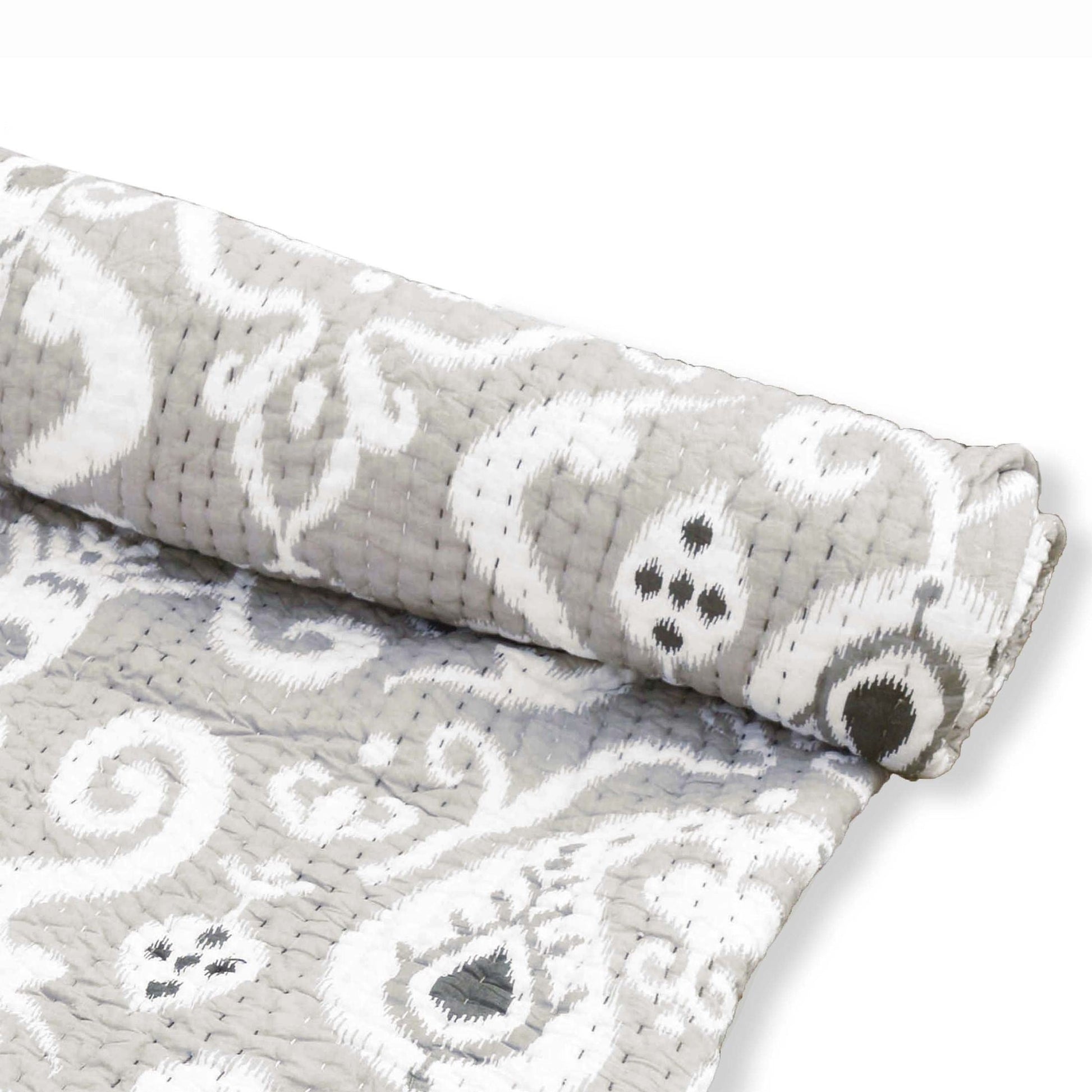 Grey Ikat Print Kantha Quilt Set with Stripe Pattern