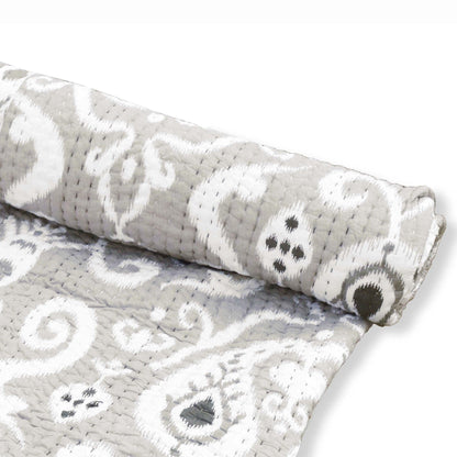Grey Ikat Print Kantha Quilt Set with Stripe Pattern