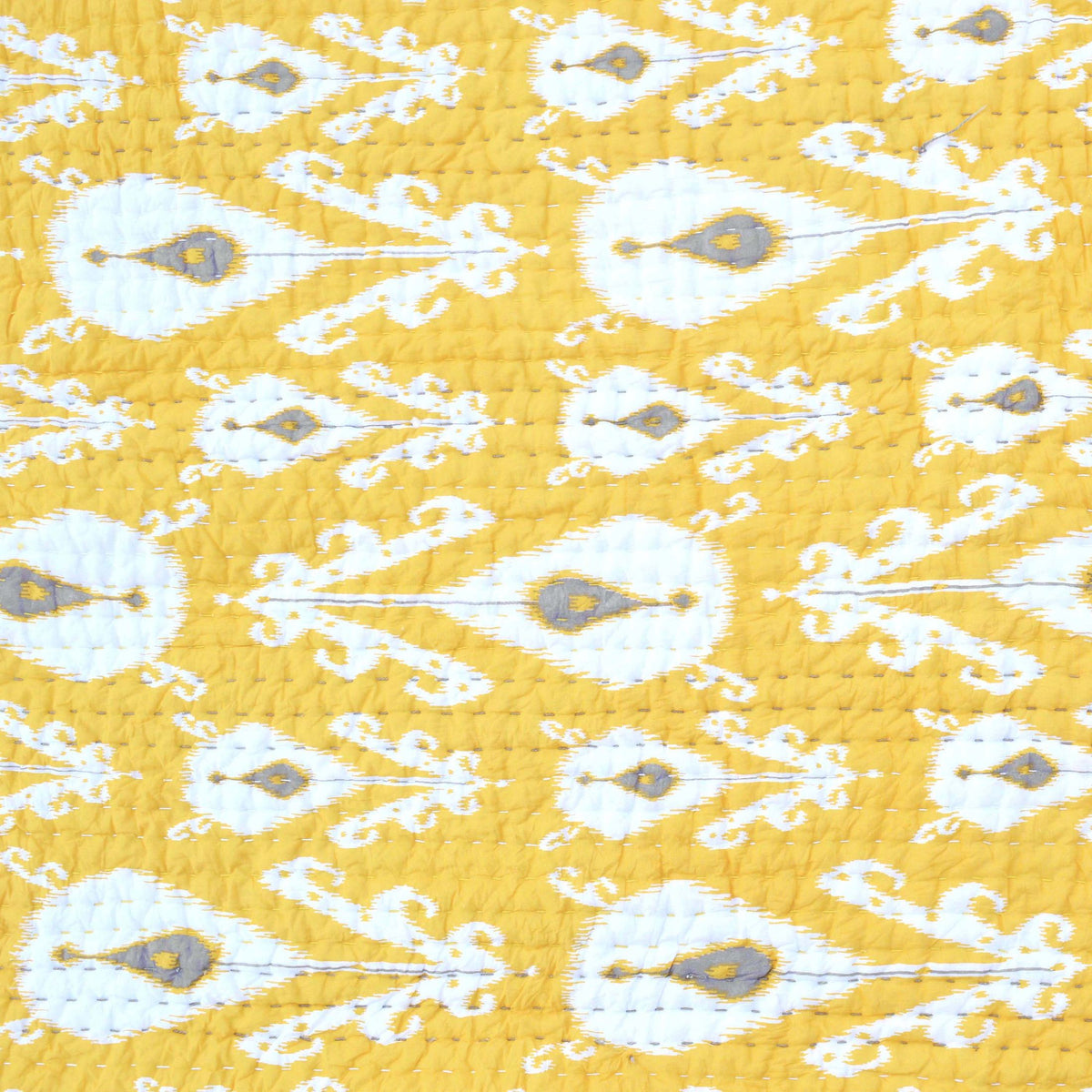 Yellow Ikat Print Kantha Quilt Bed Set | Stripe Pattern Quilting | 100% Cotton | Handmade