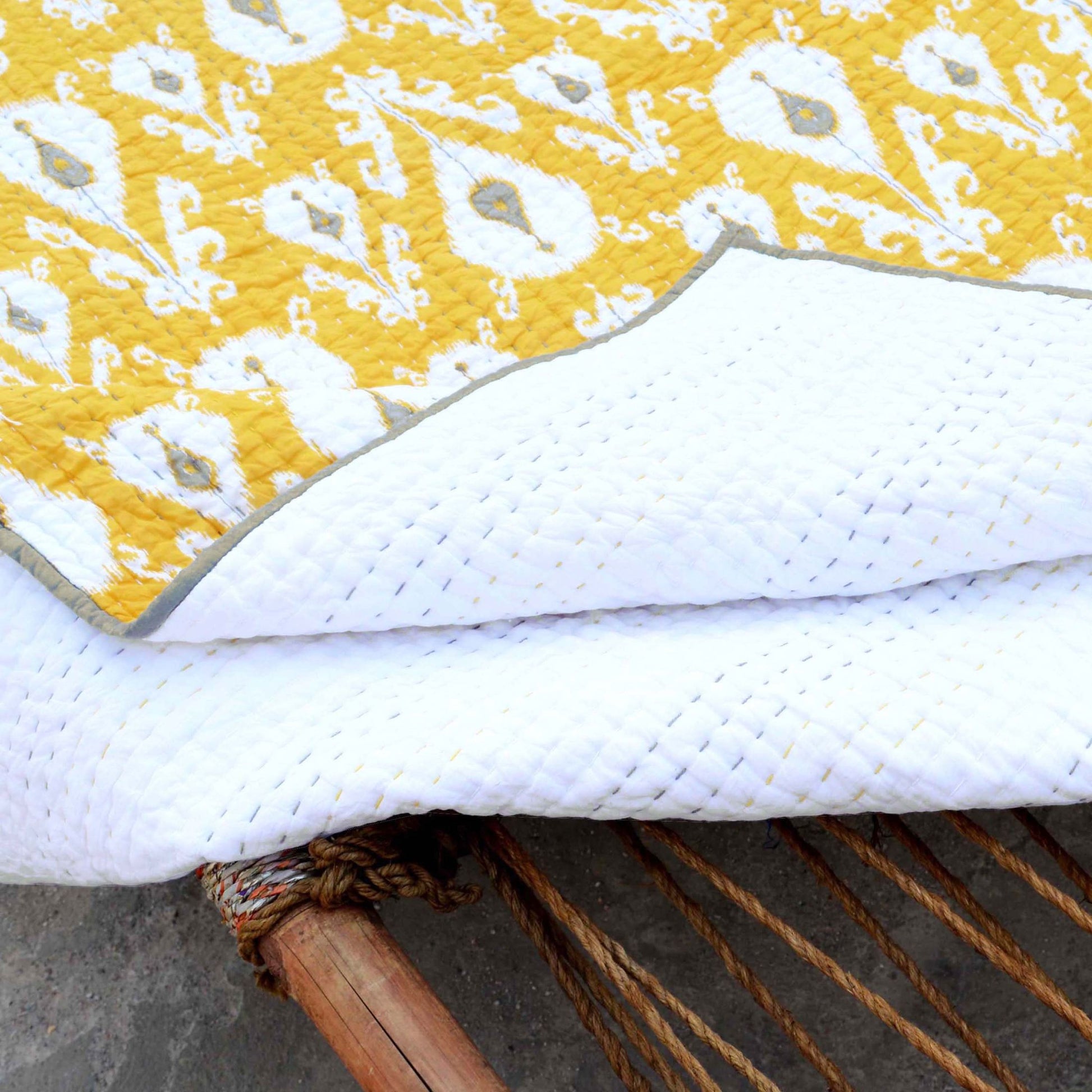 Yellow Ikat Kantha Quilted Bed Set with Stripe Pattern