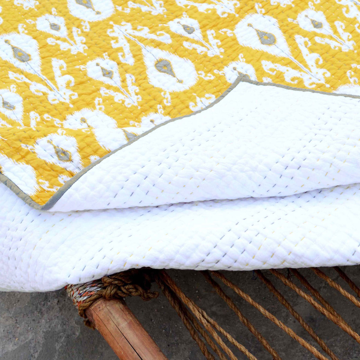 Yellow Ikat Print Kantha Quilt Bed Set | Stripe Pattern Quilting | 100% Cotton | Handmade