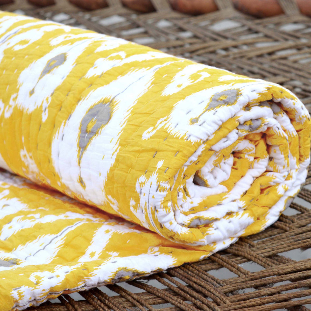 Yellow Ikat Print Kantha Quilt Bed Set | Stripe Pattern Quilting | 100% Cotton | Handmade