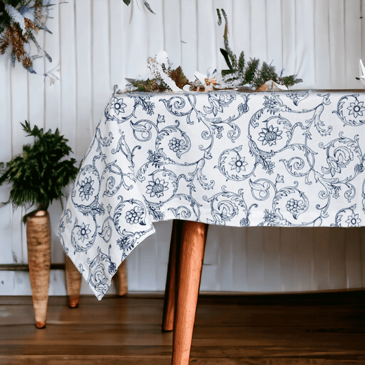 Blue White Victorian Swirl Table Cloth – Premium Cotton Duck 54×90