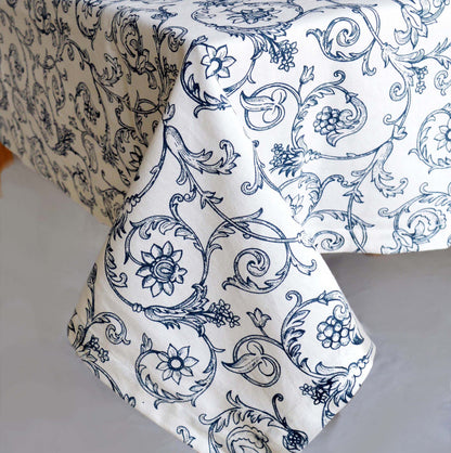 Blue & White Victorian Swirl Print Cotton Tablecloth | 1-Inch Hem | 3 Sizes
