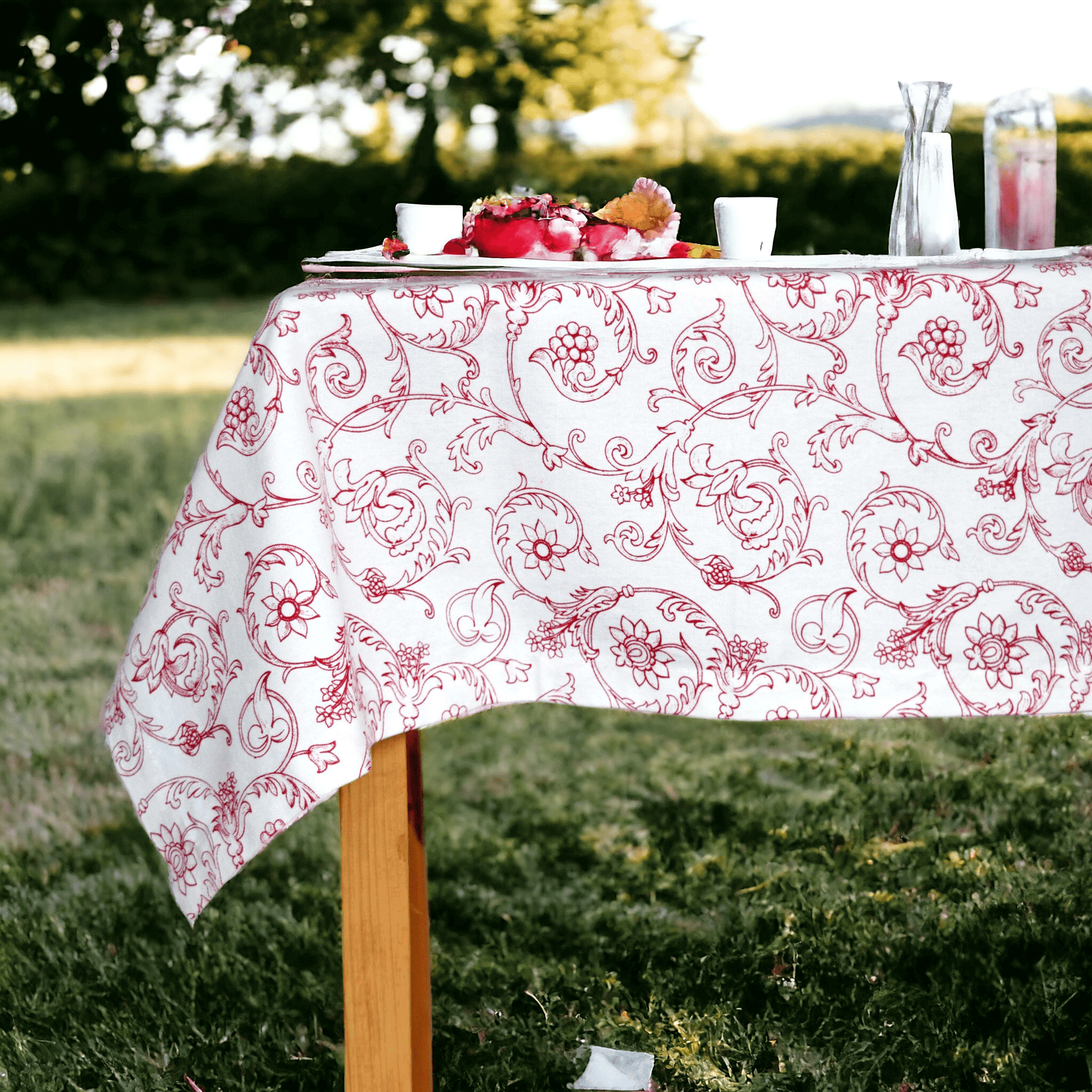 Red and White Swirl Victorian Table Cloth 100% Cotton