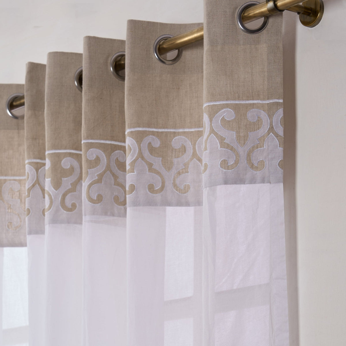 Linen & Organdy Curtain Panel | Suzani Applique Border | 4 Hanging Styles | 52 × 63 & 52 × 84 inches