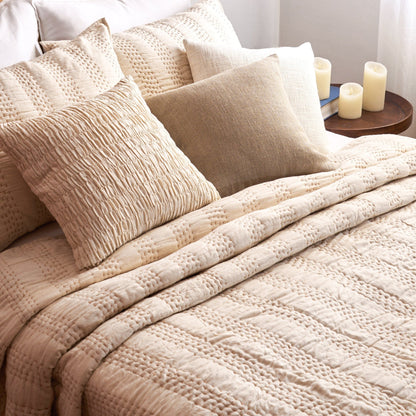 Beige Linen Cotton Quilted Pillow Cases | Stripe Pattern | Handmade | Multiple Sizes
