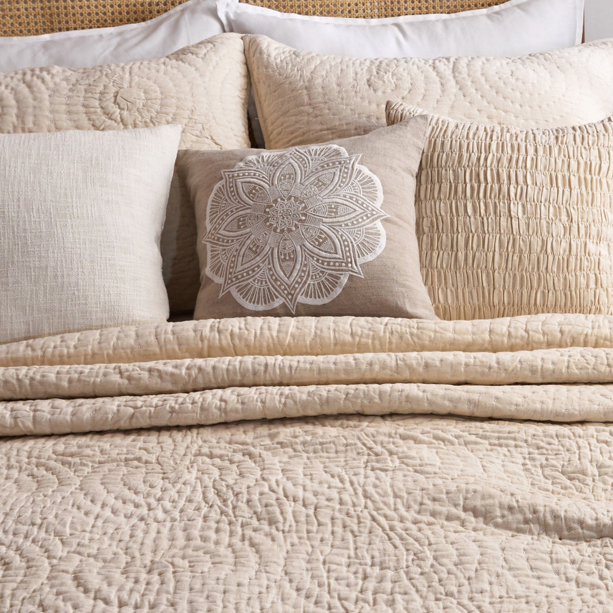 Beige Linen Cotton Quilted Bed Set | Circle Pattern | Handmade | Twin, Queen & King