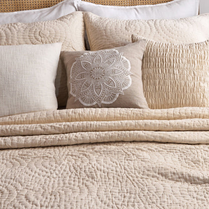 Beige Linen Cotton Quilted Bed Set | Circle Pattern | Handmade | Twin, Queen & King