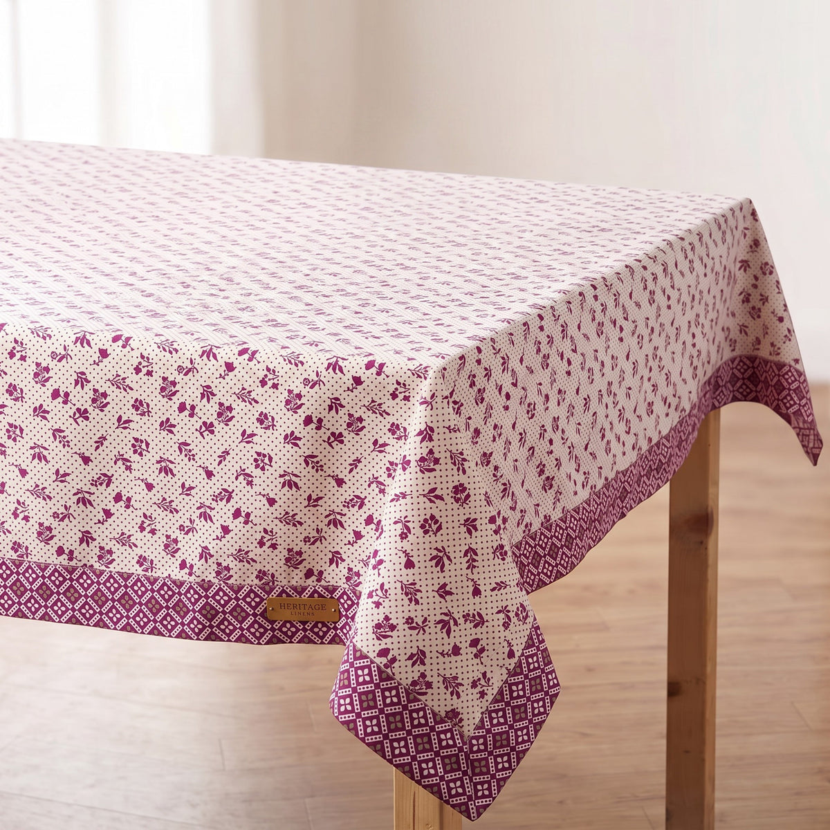 Plum Dominoterie Small Floral Print Cotton Tablecloth with Geometric Border | Round, 4-Seater & 6-Seater