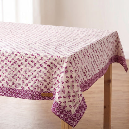 Plum Dominoterie Small Floral Print Cotton Tablecloth with Geometric Border | Round, 4-Seater & 6-Seater