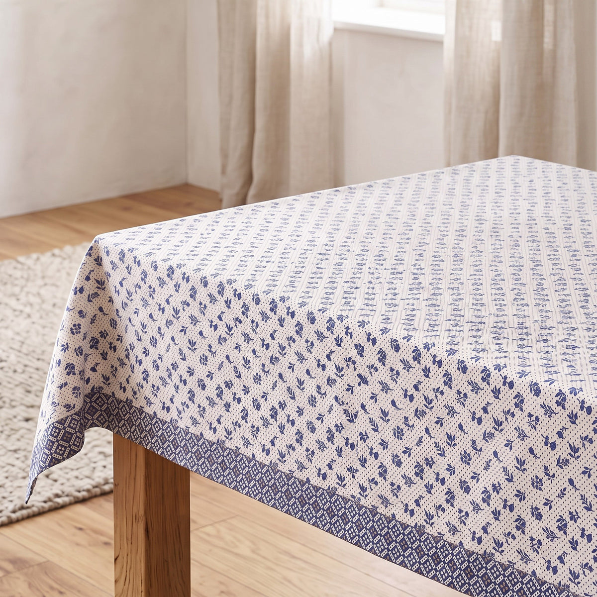 Indigo Dominoterie Small Floral Print Cotton Tablecloth with Geometric Border | Round, 4-Seater & 6-Seater