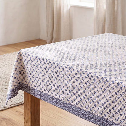 Indigo Dominoterie Small Floral Print Cotton Tablecloth with Geometric Border | Round, 4-Seater & 6-Seater