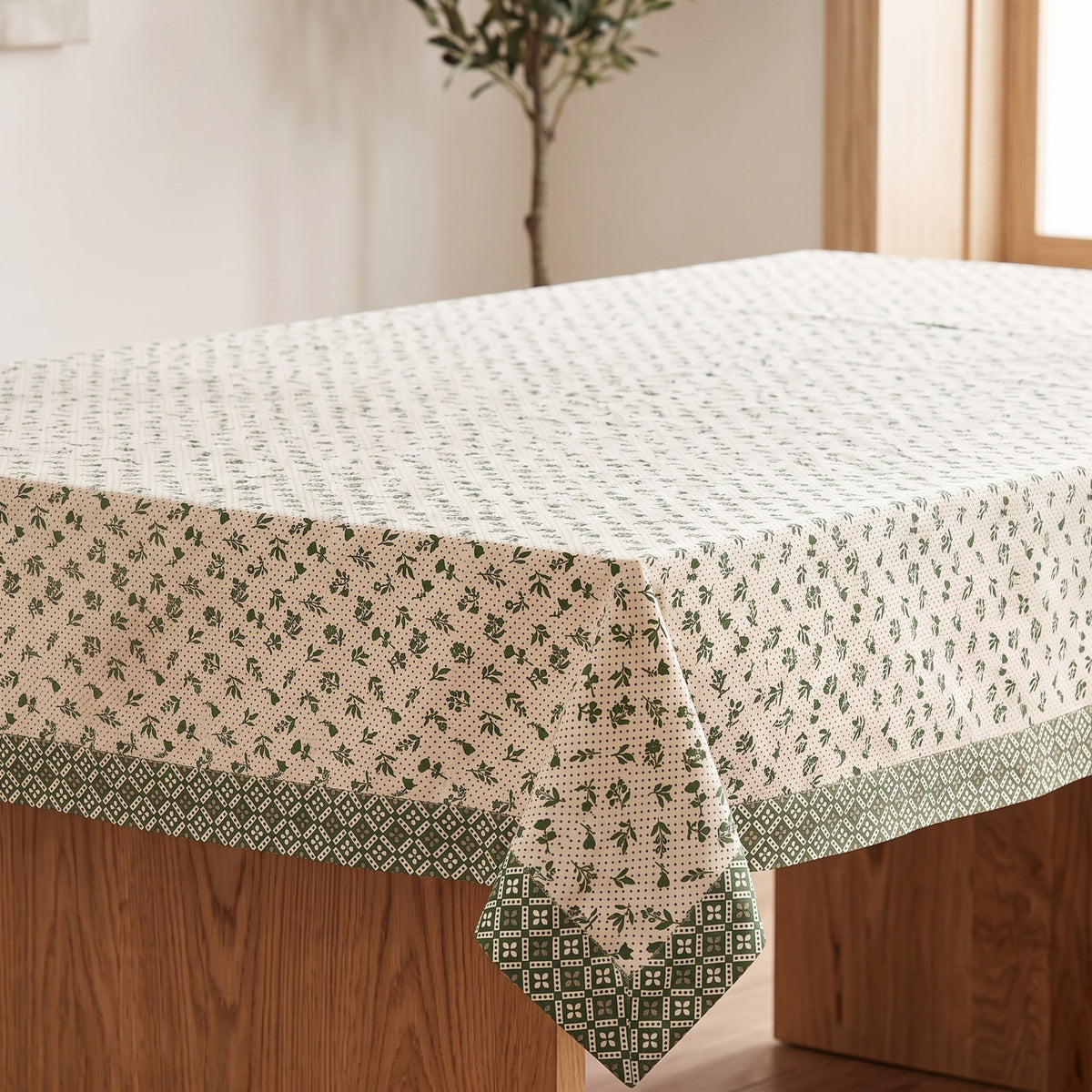 Green Dominoterie Small Floral Print Cotton Tablecloth with Geometric Border | Round, 4-Seater & 6-Seater