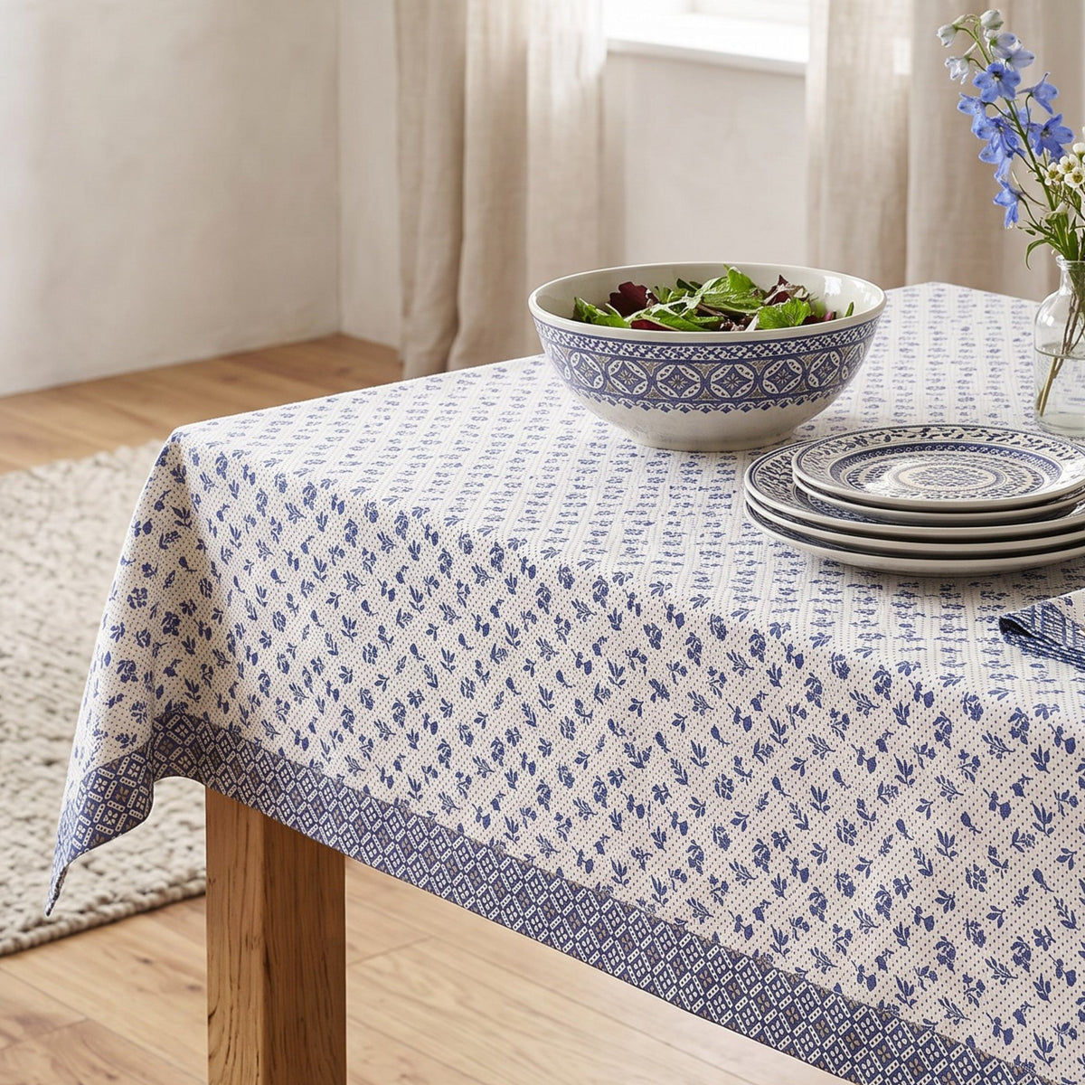 Indigo Dominoterie Small Floral Print Cotton Tablecloth with Geometric Border | Round, 4-Seater & 6-Seater