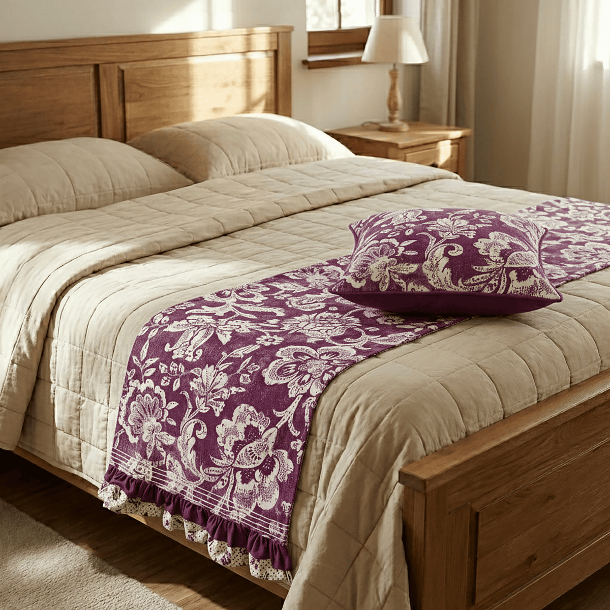 DOMINOTERIE - Plum Colour Printed Cotton Bed Runner Set - King / Queen / Twin Size