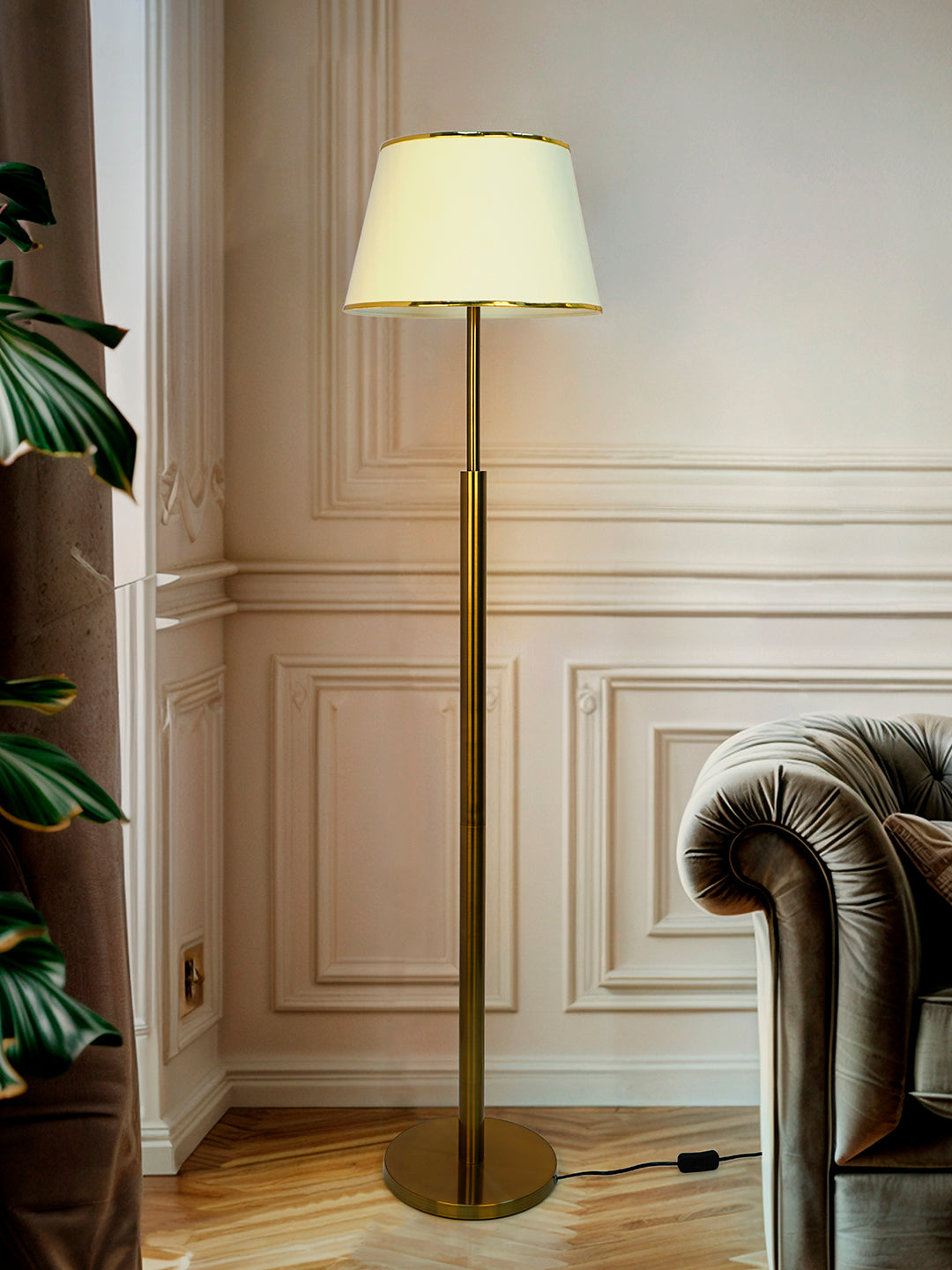 Simple Sophistication: Antique Brass Floor Lamp with Cream Shade