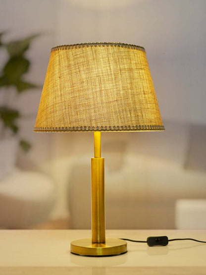 Transitional Brushed Brass Finished Metal Table Lamp with Jute Lace Fabric Shade