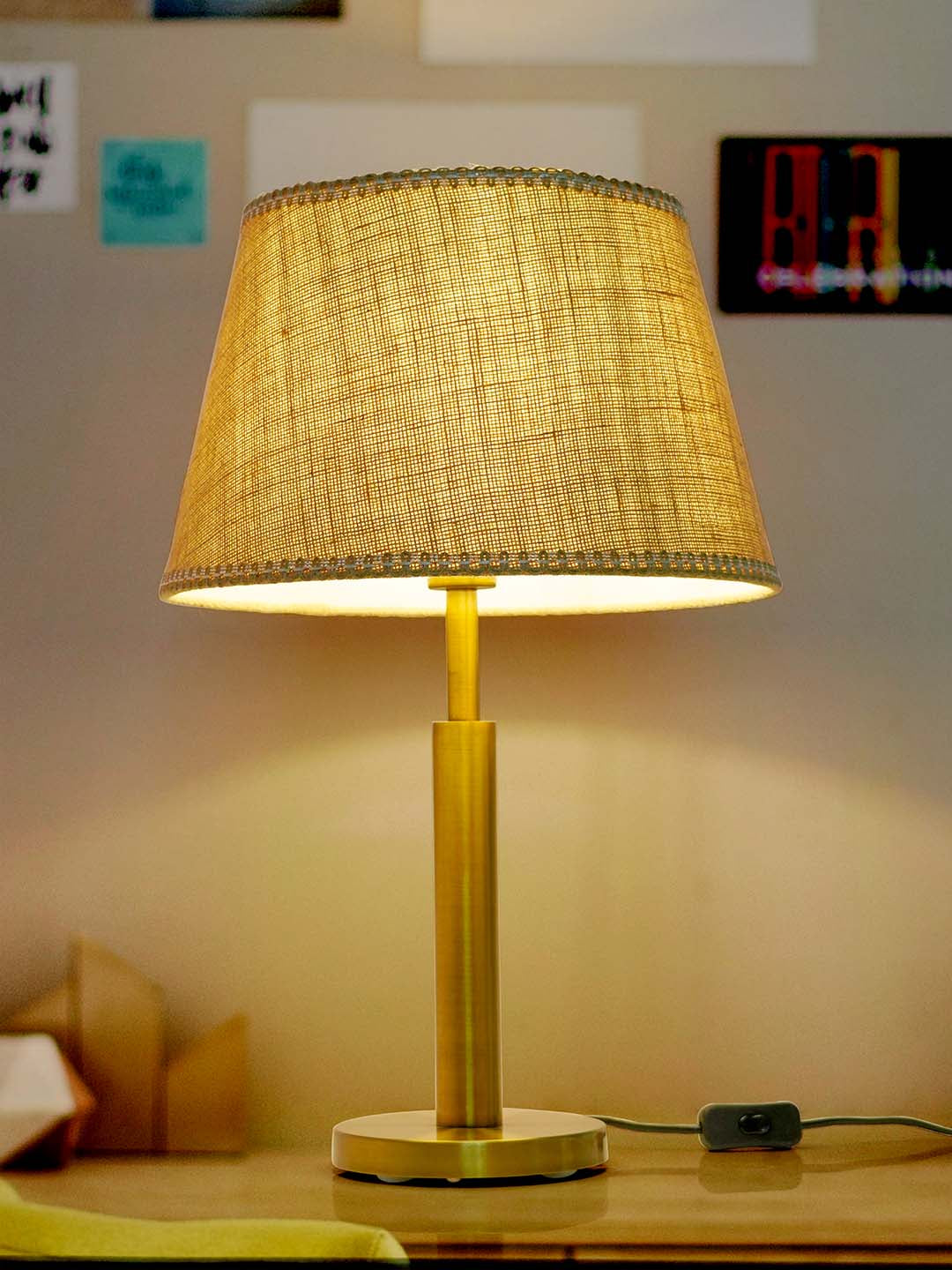 Transitional Brushed Brass Finished Metal Table Lamp with Jute Lace Fabric Shade