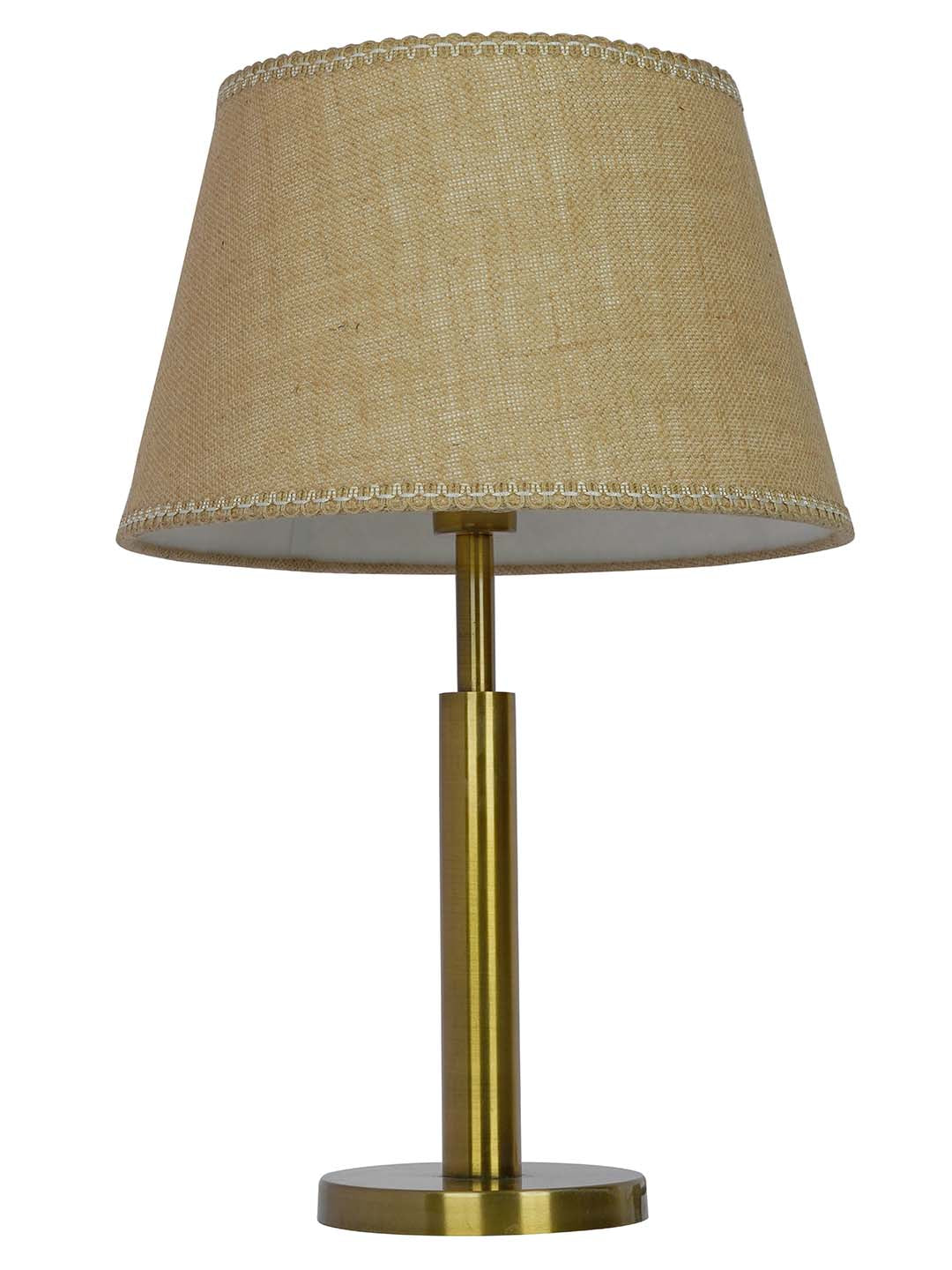 Transitional Brushed Brass Finished Metal Table Lamp with Jute Lace Fabric Shade