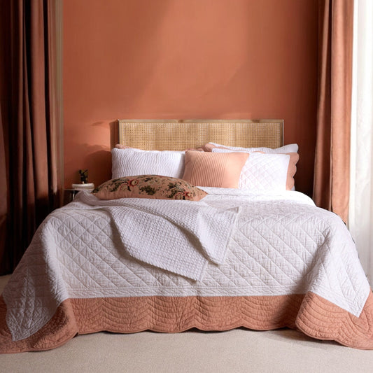 Amour Scalloped Quilted Bed Set – White & Coral Cotton Luxury
