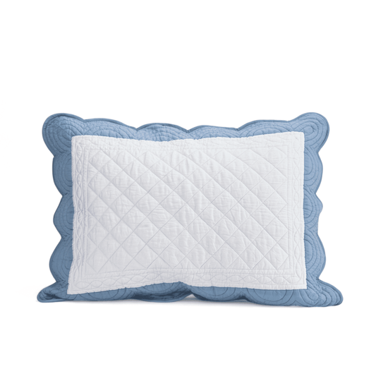 Amour White & Duck Egg Cotton Pillow Sham with Scalloped Border
