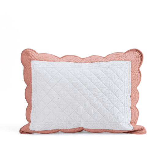 White & Coral Cotton Pillow Sham with Scalloped Border – AMOUR