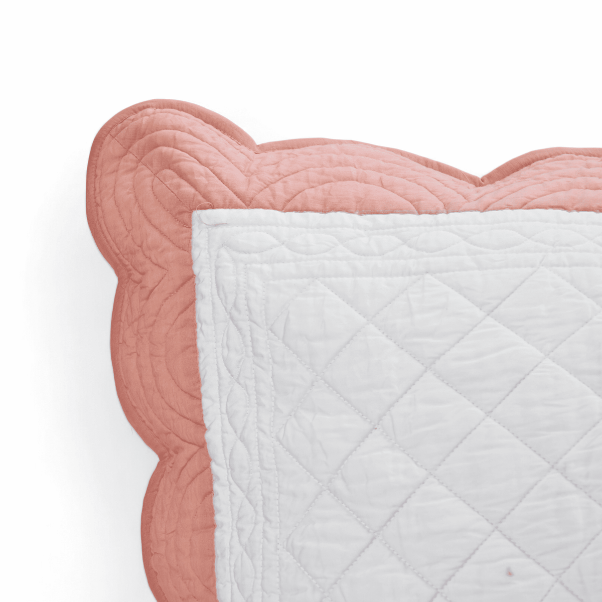 AMOUR - White and coral cotton PILLOW SHAM with scalloped border - sizes available