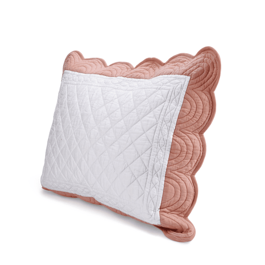 White & Coral Cotton Pillow Sham with Scalloped Border – AMOUR