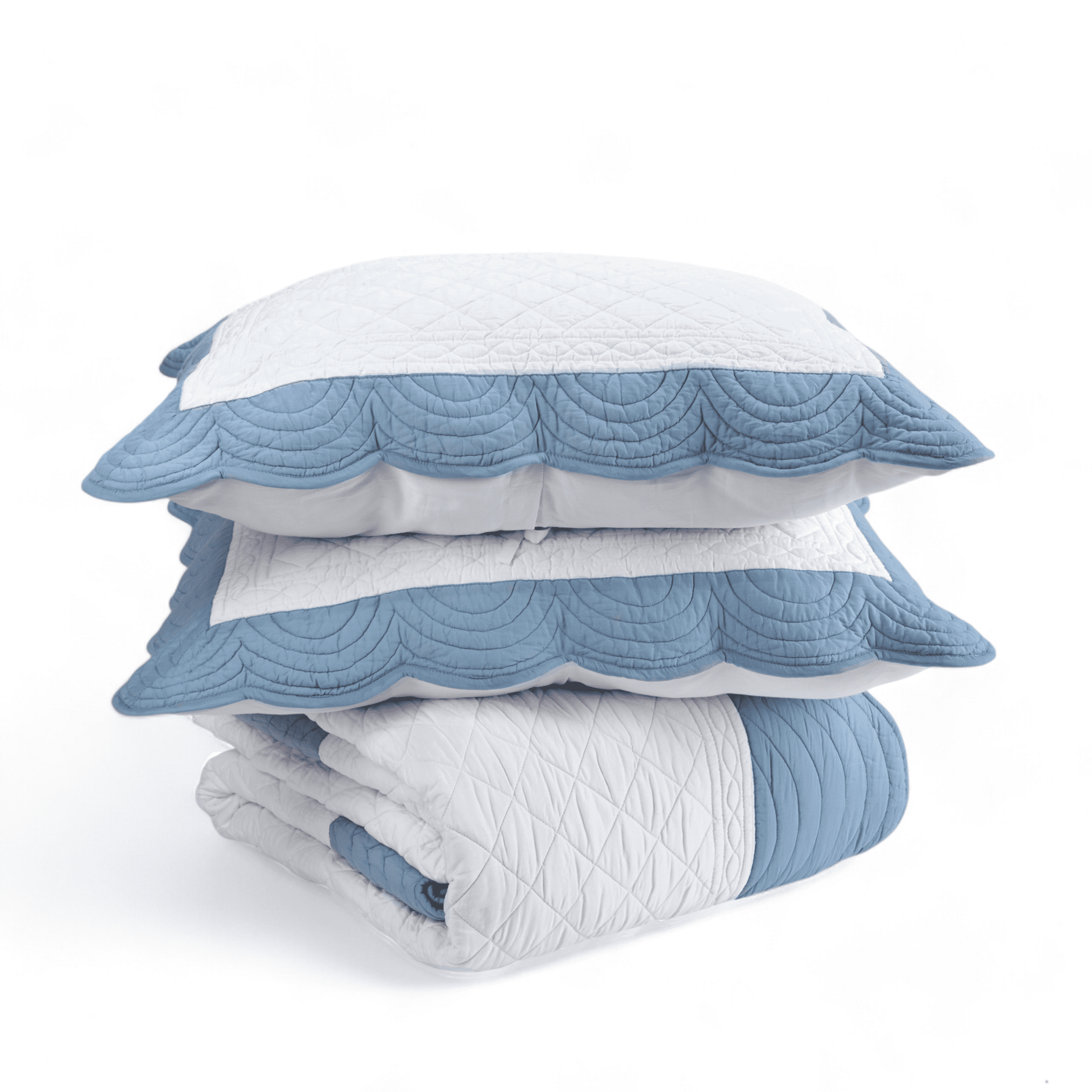 Amour Scalloped Quilted Bed Set – White & Duck Egg Cotton Luxury Quilt