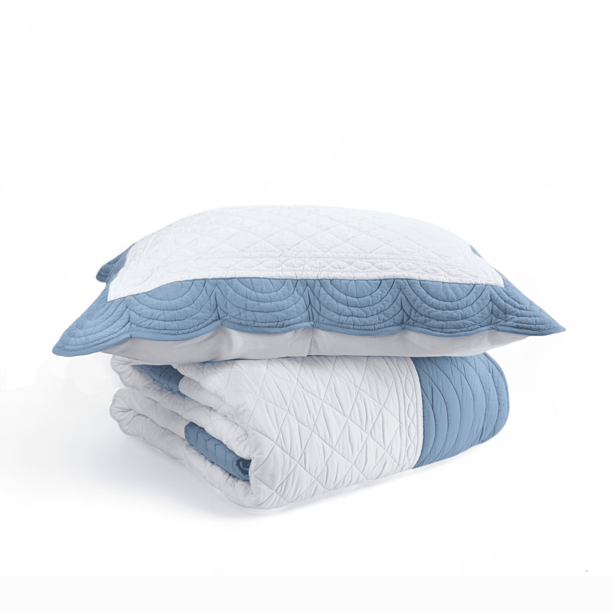 Amour Scalloped Quilted Bed Set – White & Duck Egg Cotton Luxury Quilt