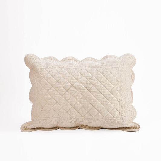 Amour Beige Linen-Cotton Quilted Pillow Sham | Scalloped Border | Standard, Queen, King & Euro