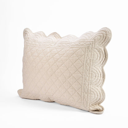 Amour Beige Linen-Cotton Quilted Pillow Sham | Scalloped Border | Standard, Queen, King & Euro