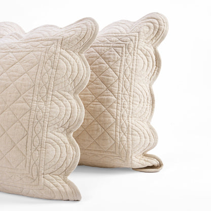 Beige Cotton-Linen Scalloped Quilted Bed Set with Pillow Cases