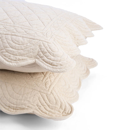 Amour Beige Linen-Cotton Quilted Pillow Sham | Scalloped Border | Standard, Queen, King & Euro