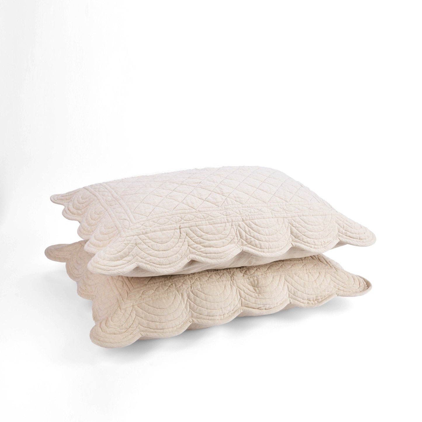 Beige Cotton-Linen Scalloped Quilted Bed Set with Pillow Cases