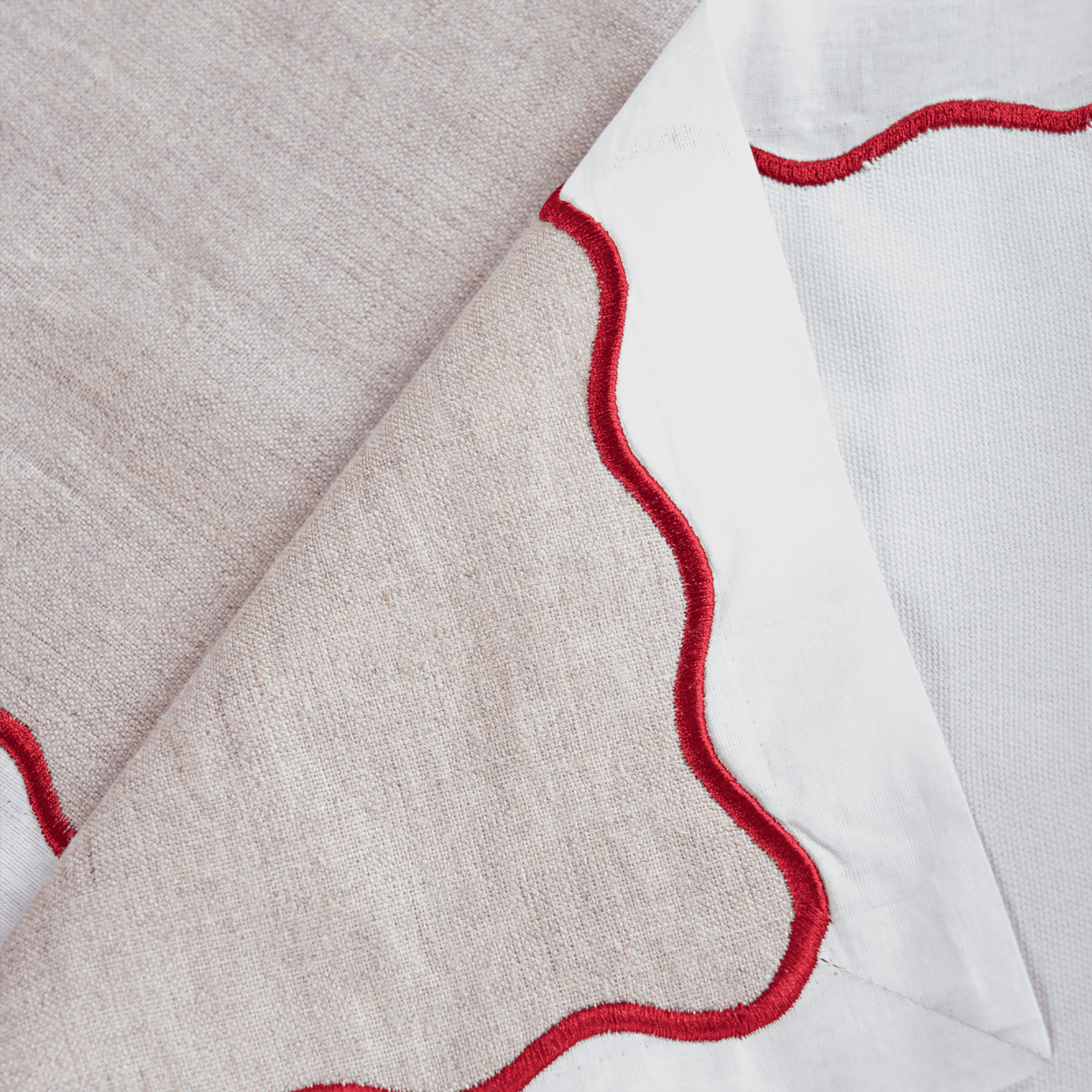Christmas Table Runner | Linen & Cotton Wave Scallop Appliqué Embroidery