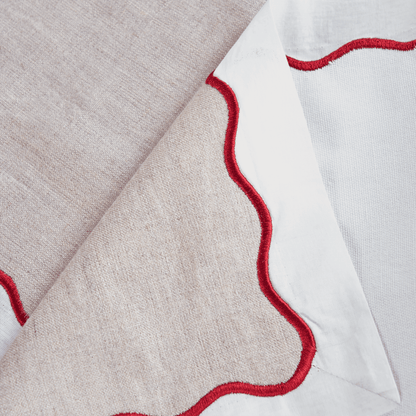Christmas Table Runner | Linen & Cotton Wave Scallop Appliqué Embroidery