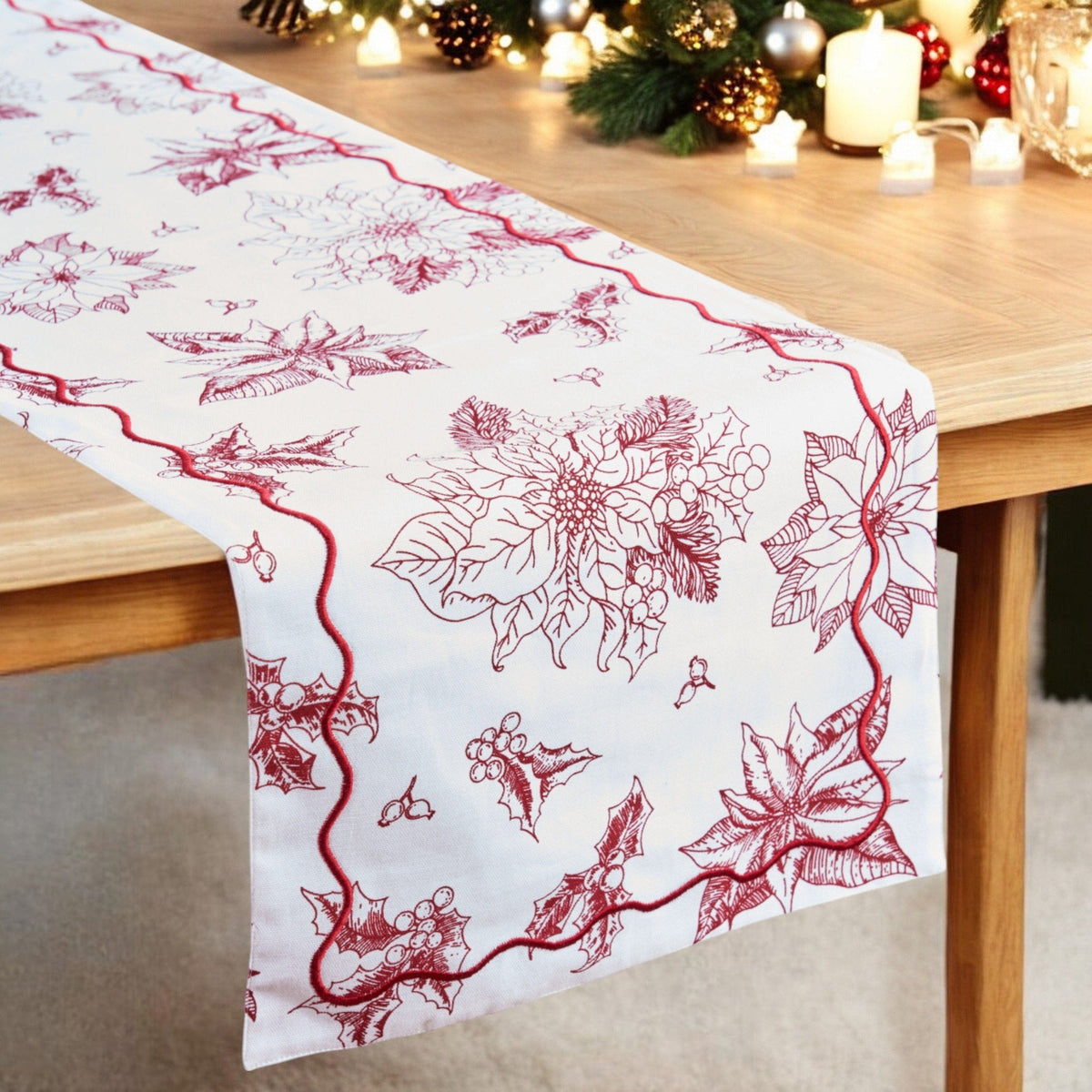 Christmas Table Runner | Red Poinsettia Print with Wave Scallop Embroidery