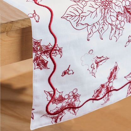 Christmas Table Runner | Red Poinsettia Print with Wave Scallop Embroidery