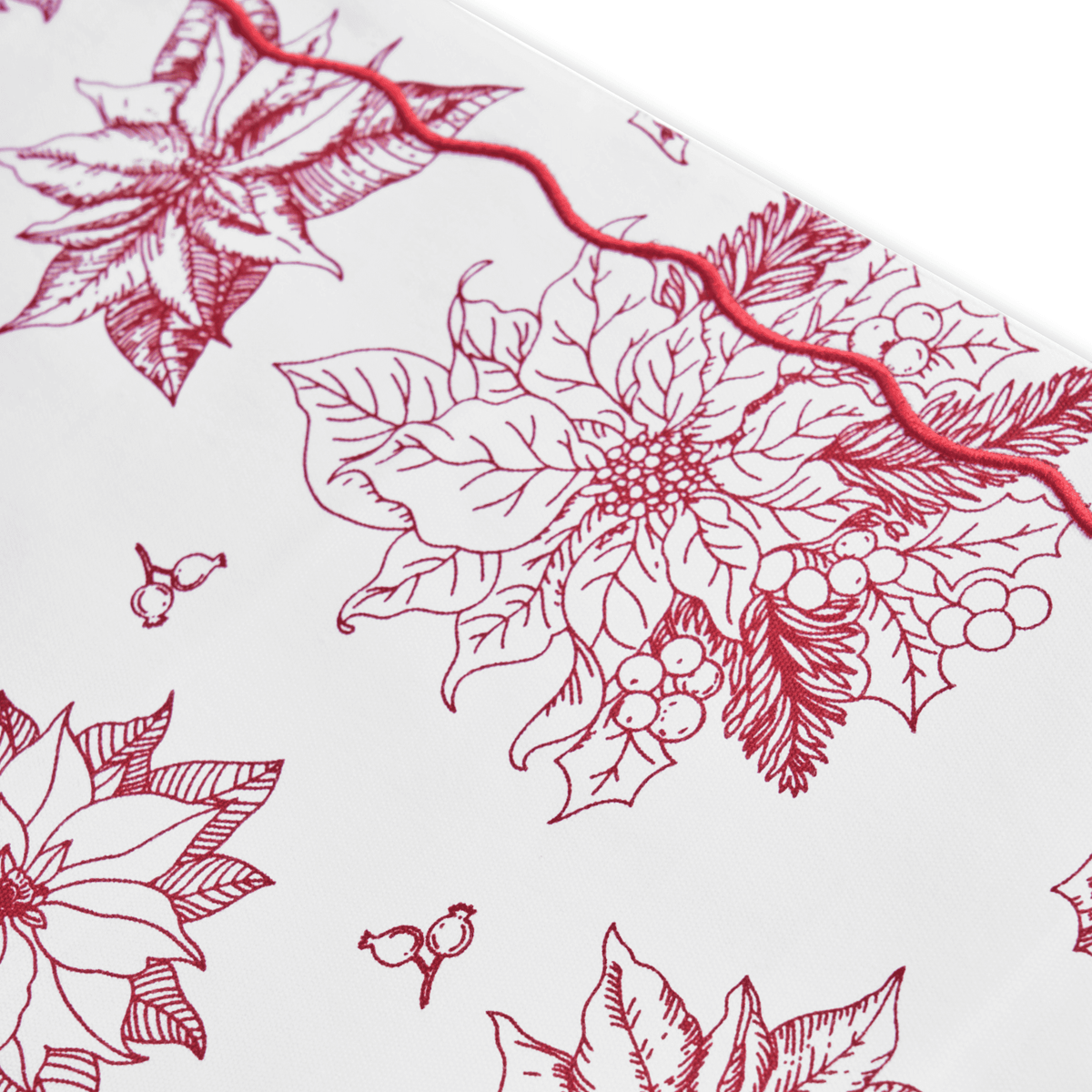 Christmas Table Runner | Red Poinsettia Print with Wave Scallop Embroidery